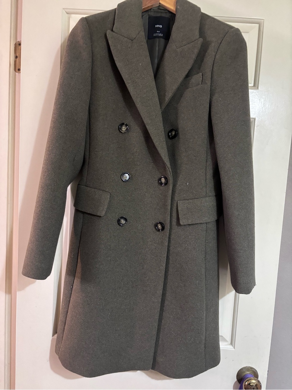 Mango Double-Breasted Pea Coat in Olive Green